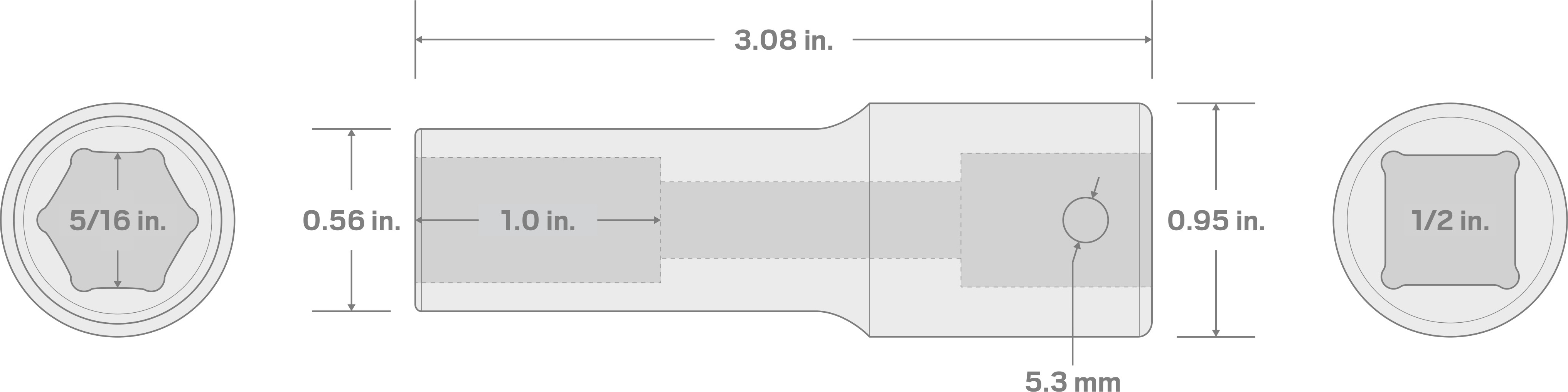 Specs for 1/2 Inch Drive x 5/16 Inch Deep 6-Point Impact Socket