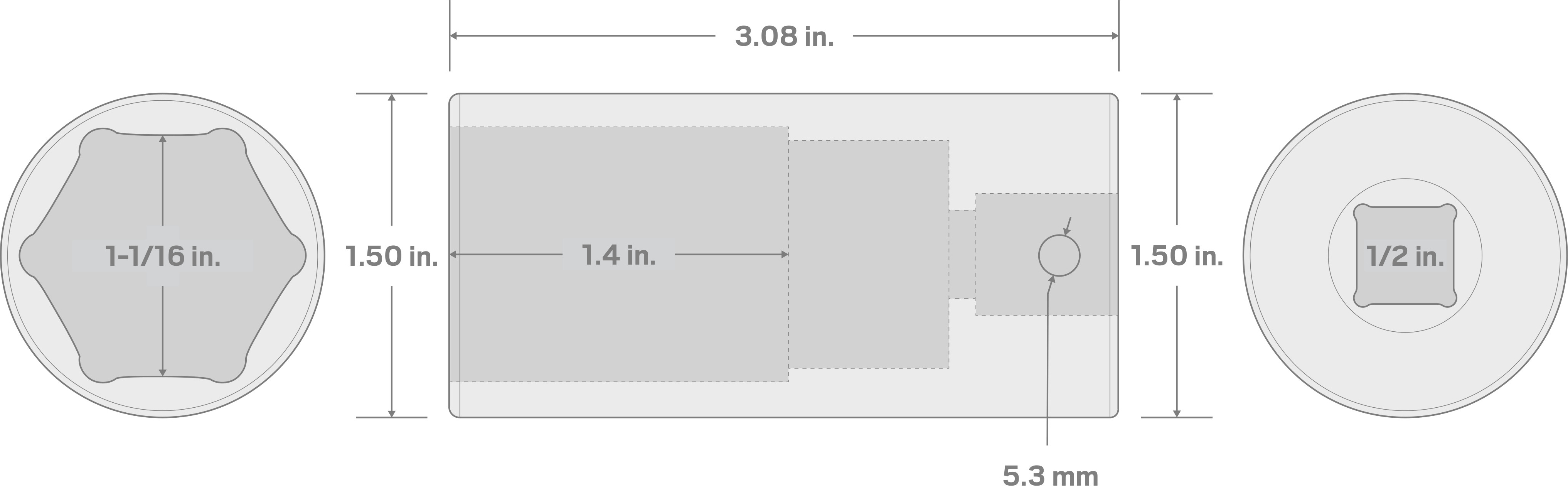 Specs for 1/2 Inch Drive x 1-1/16 Inch Deep 6-Point Impact Socket