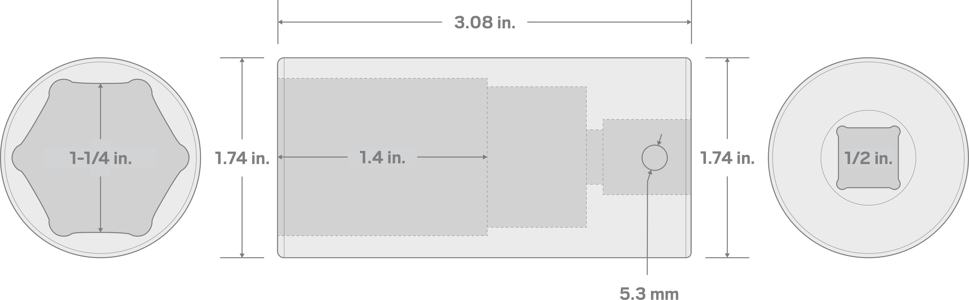 Specs for 1/2 Inch Drive x 1-1/4 Inch Deep 6-Point Impact Socket