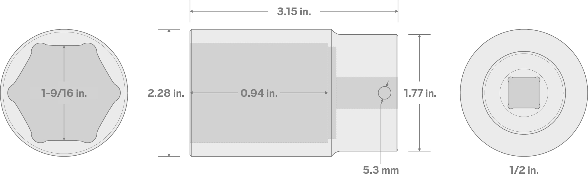 Specs for 1/2 Inch Drive x 1-9/16 Inch Deep 6-Point Impact Socket