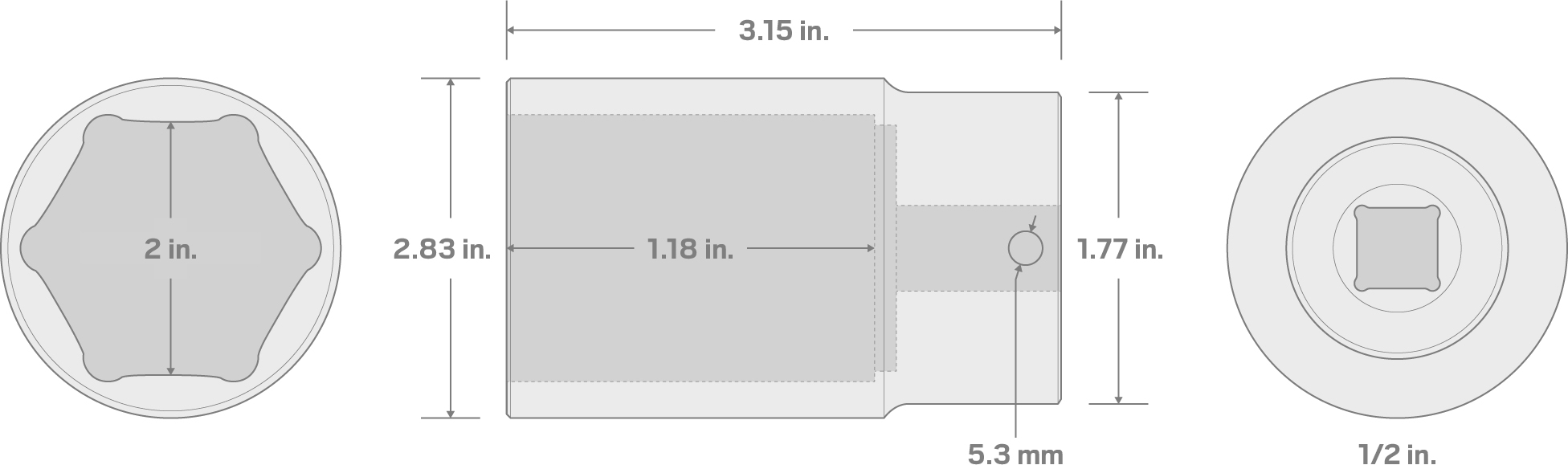 Specs for 1/2 Inch Drive x 2 Inch Deep 6-Point Impact Socket