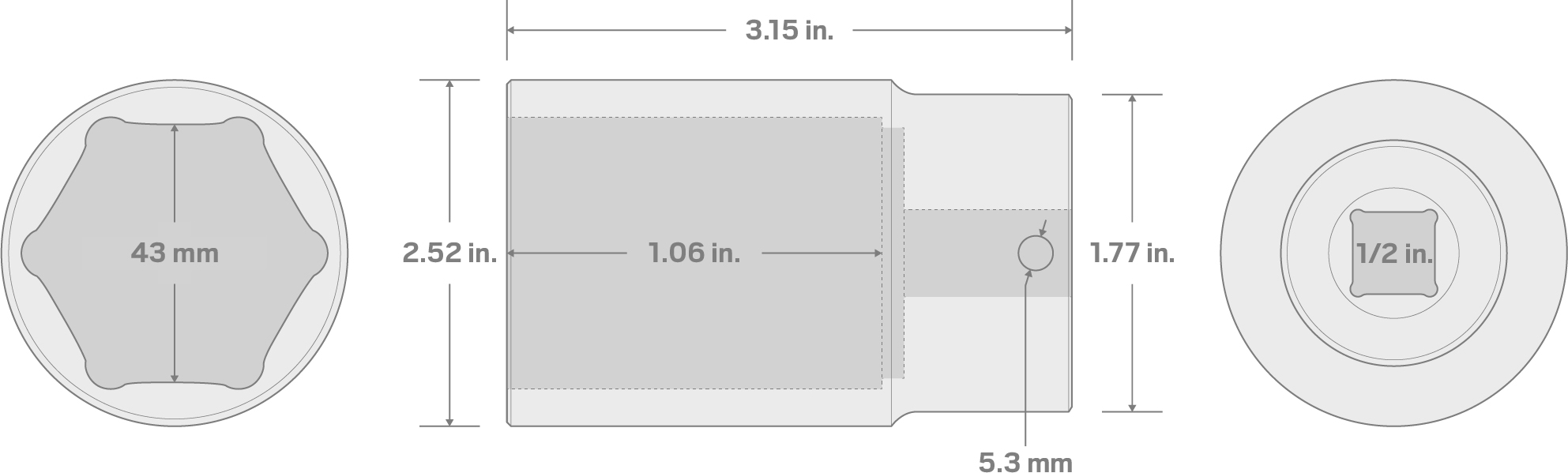 Specs for 1/2 Inch Drive x 43 mm Deep 6-Point Impact Socket