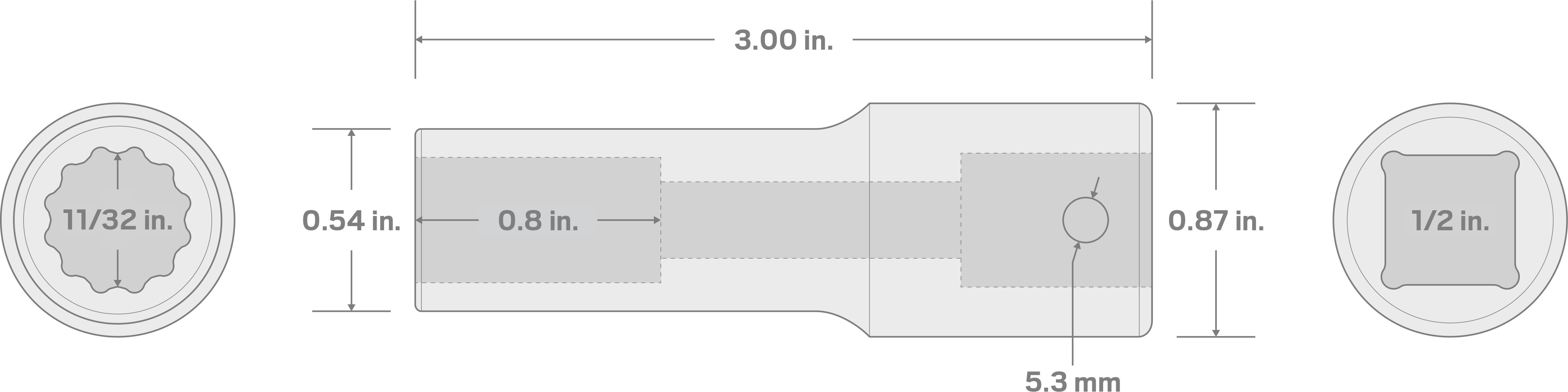 Specs for 1/2 Inch Drive x 11/32 Inch Deep 12-Point Impact Socket