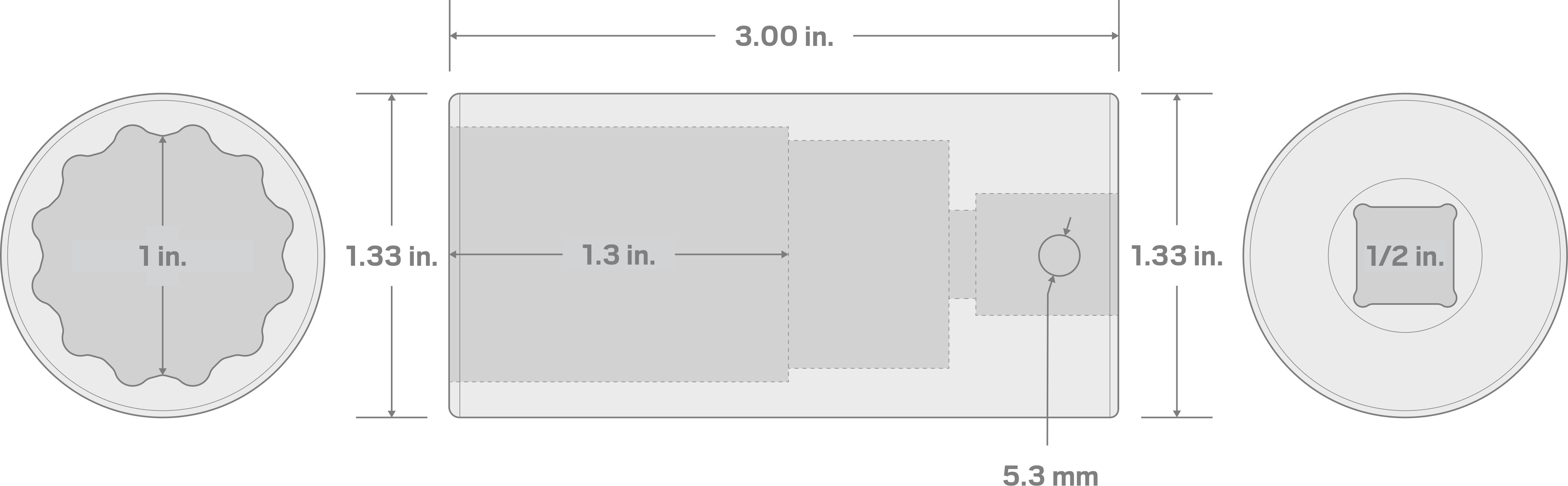 Specs for 1/2 Inch Drive x 1 Inch Deep 12-Point Impact Socket