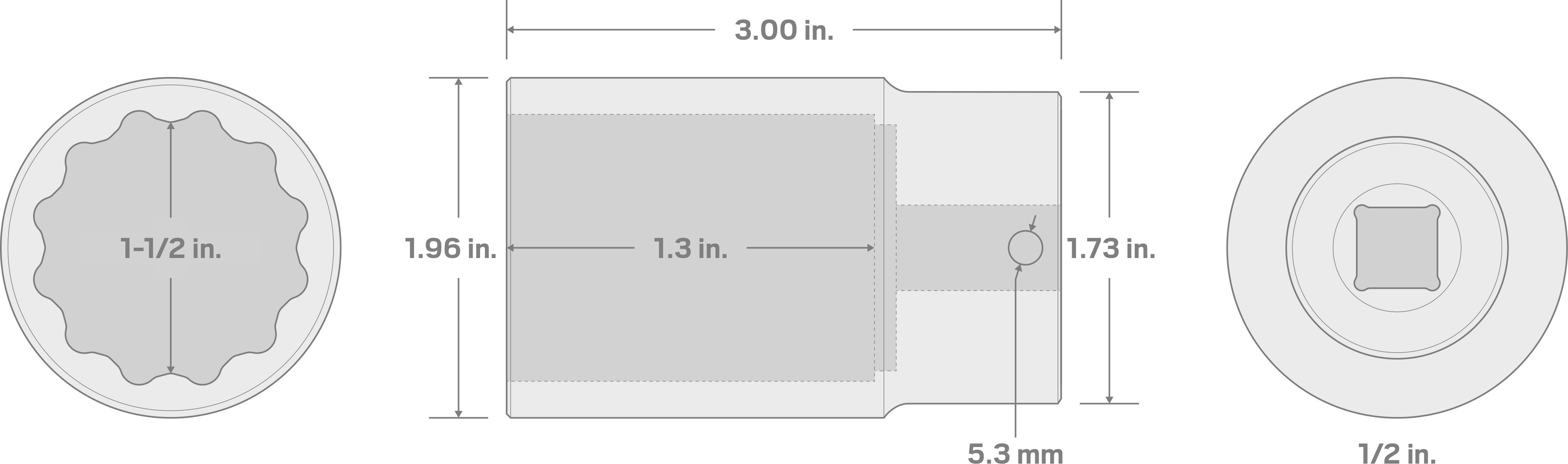 Specs for 1/2 Inch Drive x 1-1/2 Inch Deep 12-Point Impact Socket