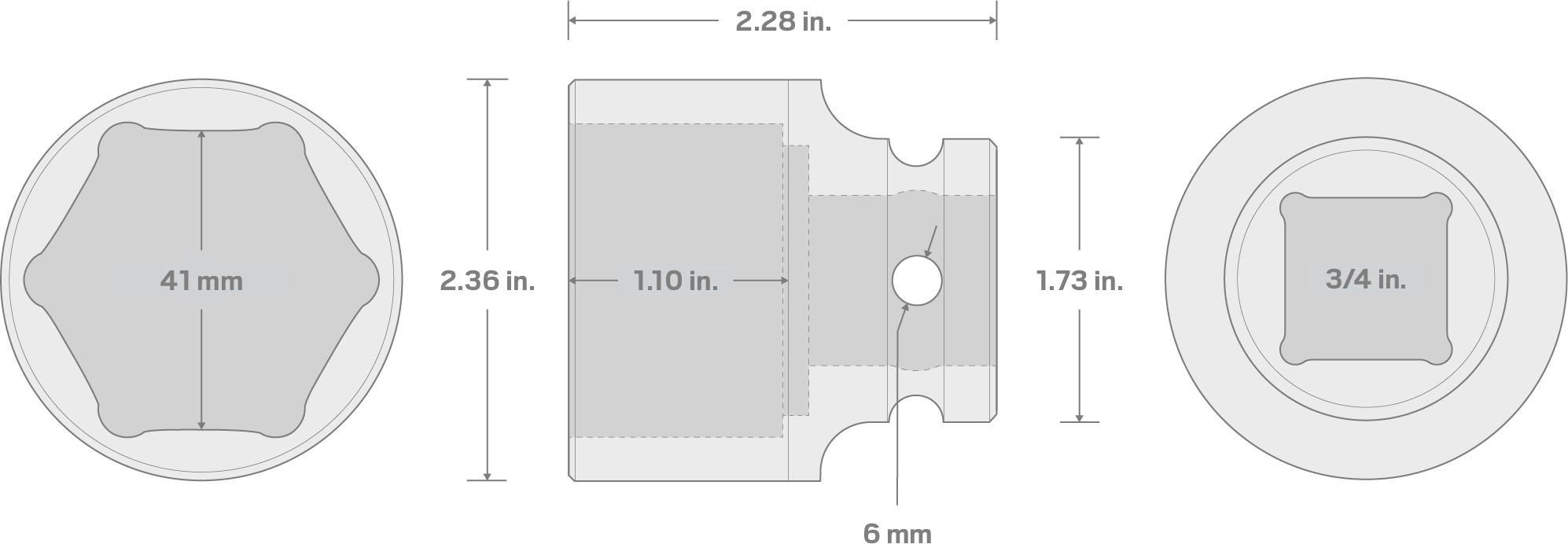 Specs for 3/4 Inch Drive x 41 mm 6-Point Impact Socket