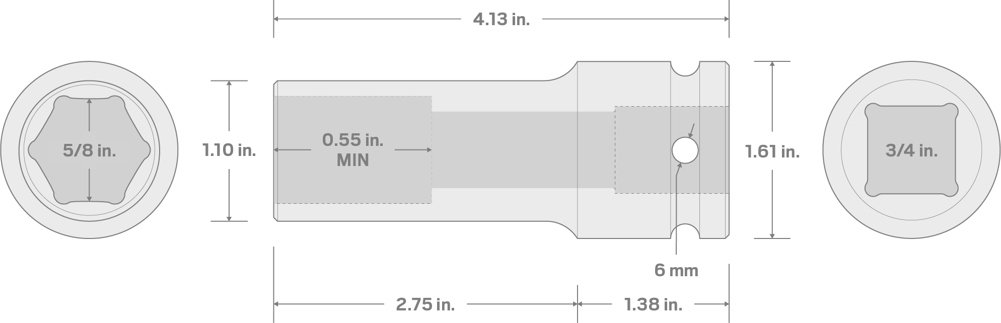 Specs for 3/4 Inch Drive x 5/8 Inch Deep 6-Point Impact Socket