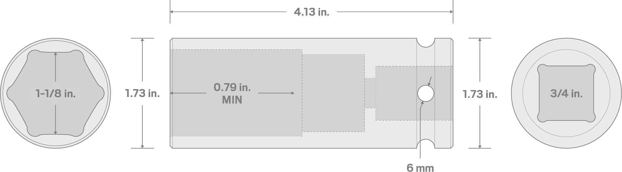 Specs for 3/4 Inch Drive x 1-1/8 Inch Deep 6-Point Impact Socket