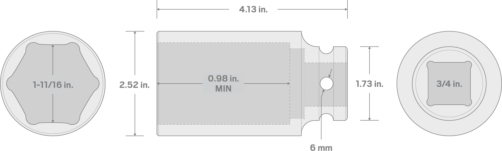 Specs for 3/4 Inch Drive x 1-11/16 Inch Deep 6-Point Impact Socket