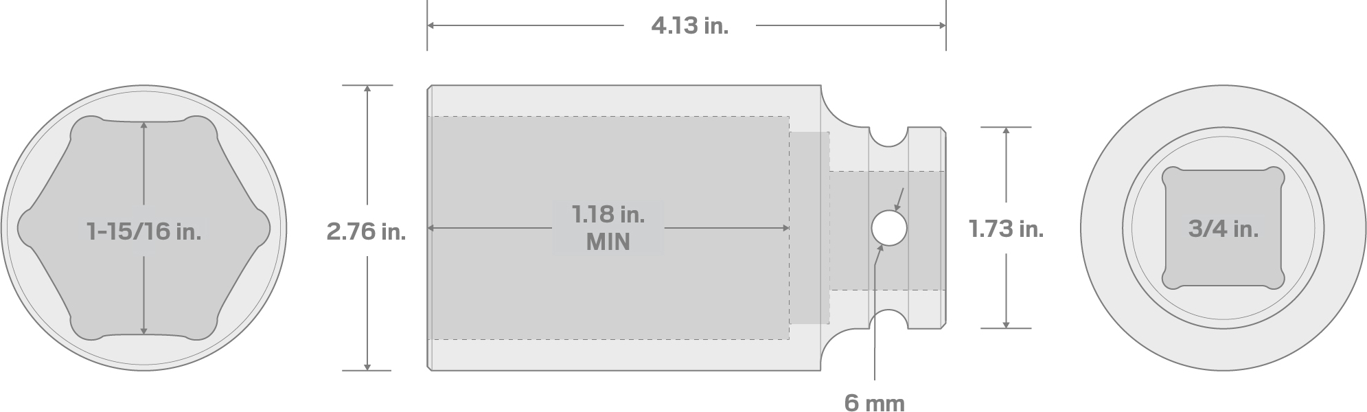 Specs for 3/4 Inch Drive x 1-15/16 Inch Deep 6-Point Impact Socket