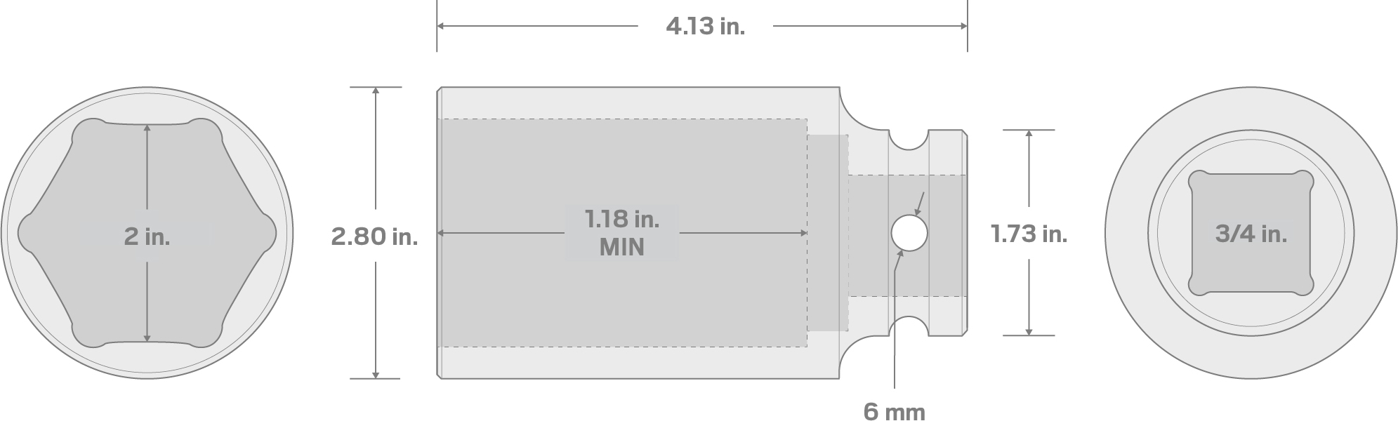 Specs for 3/4 Inch Drive x 2 Inch Deep 6-Point Impact Socket
