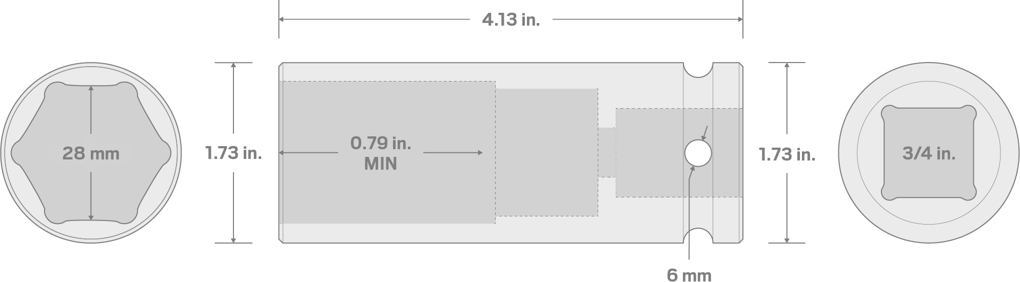 Specs for 3/4 Inch Drive x 28 mm Deep 6-Point Impact Socket