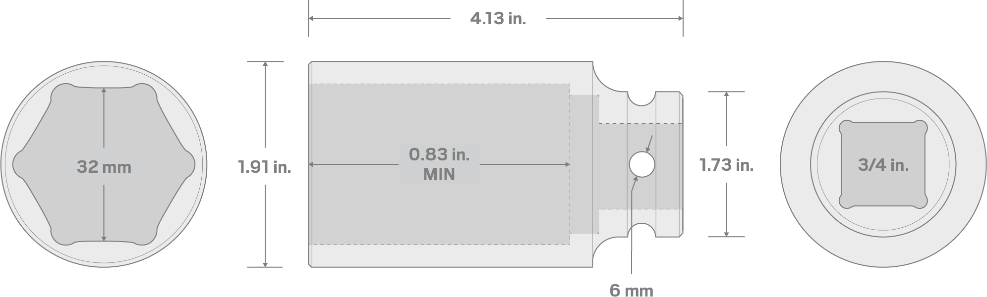 Specs for 3/4 Inch Drive x 32 mm Deep 6-Point Impact Socket