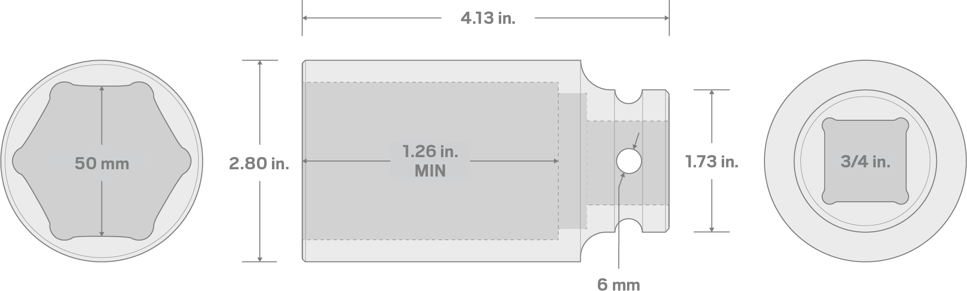 Specs for 3/4 Inch Drive x 50 mm Deep 6-Point Impact Socket