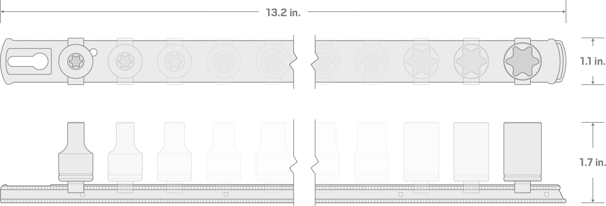 Specs for 3/8 Inch Drive External Star Impact Socket Set with Rail, 12-Piece (E4-E20)