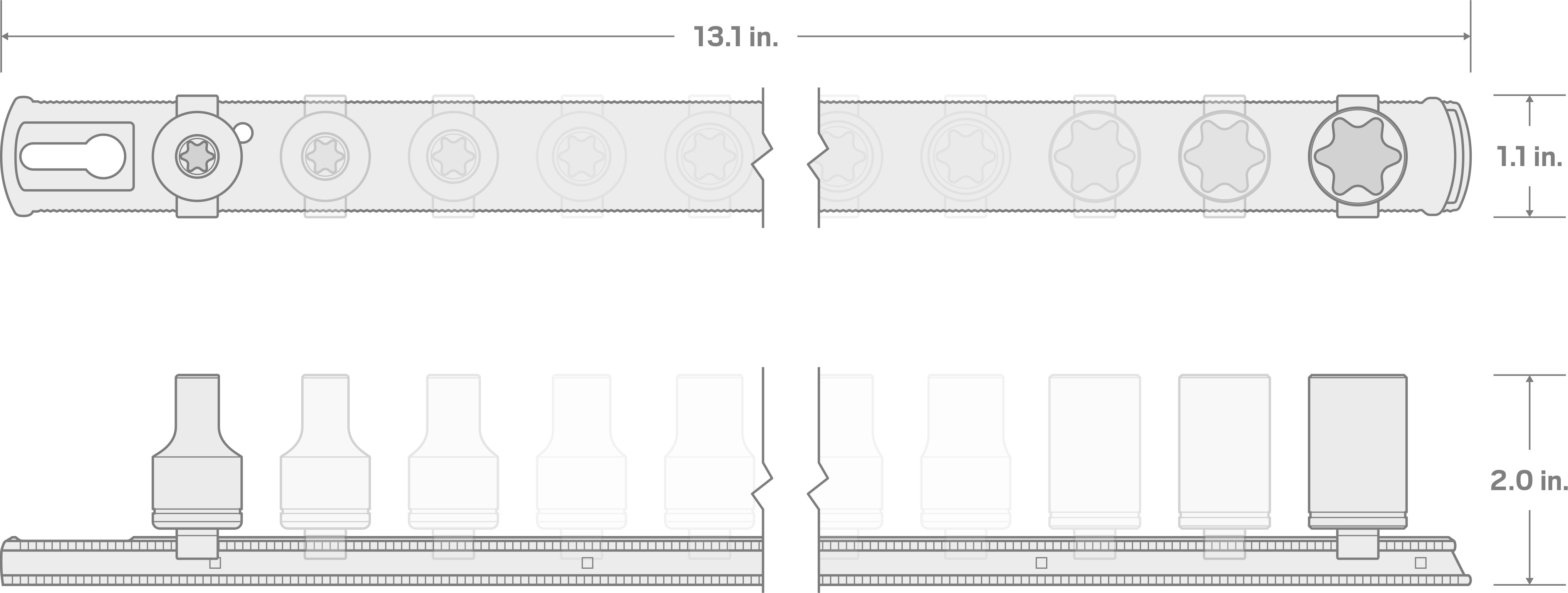 Specs for 1/2 Inch Drive External Star Impact Socket Set with Rail, 9-Piece (E10-E24)