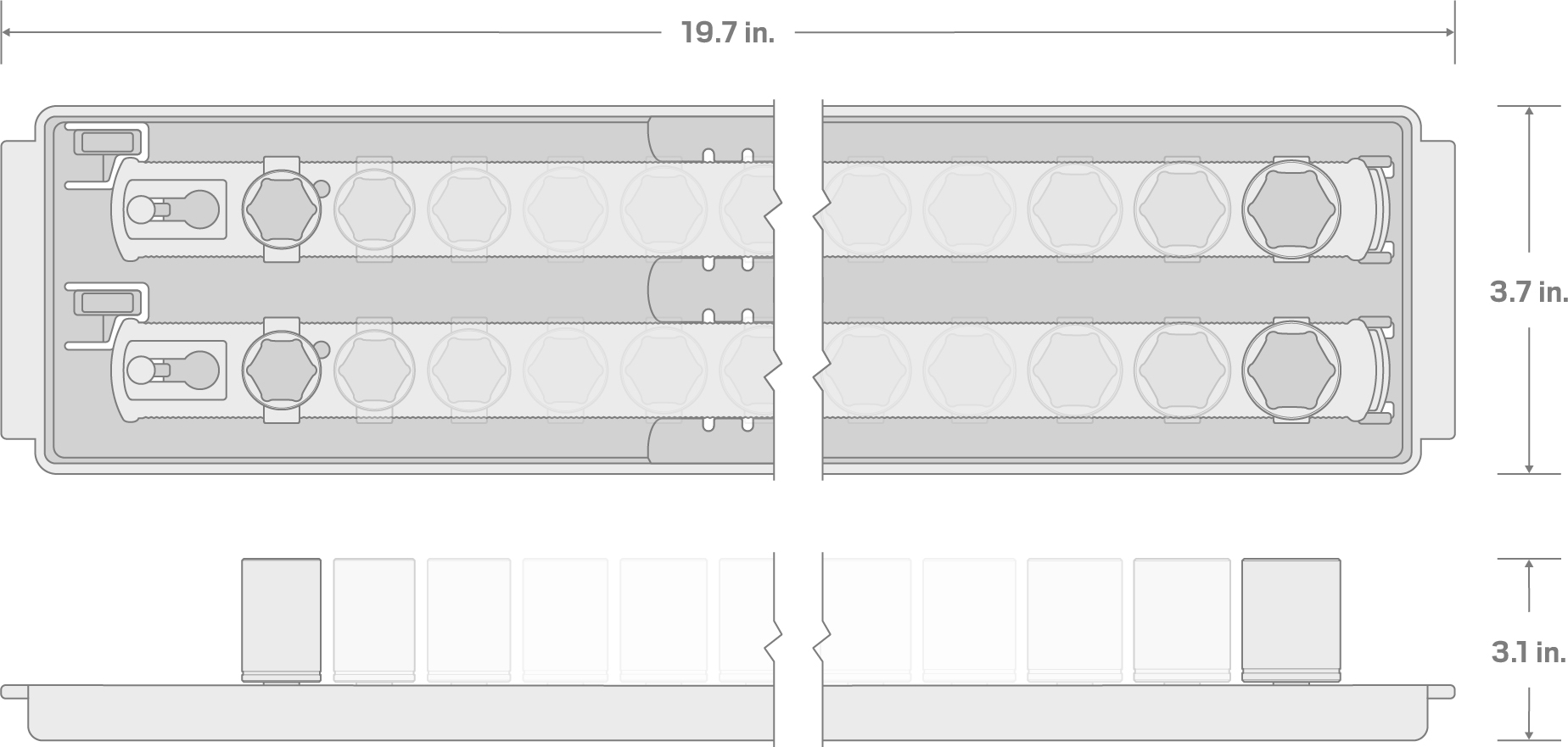 Specs for 1/2 Inch Drive 6-Point Impact Socket Set with Rails and Tray, 21-Piece (5/16 - 1-1/2 in.)