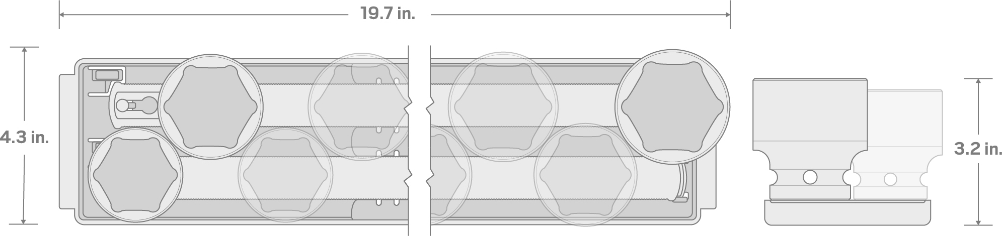 Specs for 1/2 Inch Drive 6-Point Impact Socket Set with Rails and Tray, 8-Piece (1-9/16-2 in.)