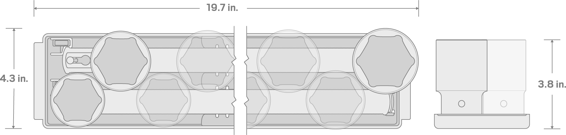 Specs for 1/2 Inch Drive Deep 6-Point Impact Socket Set with Rails and Tray, 8-Piece (1-9/16-2 in.)