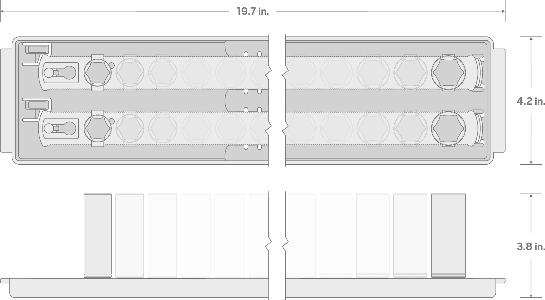 Specs for 1/2 Inch Drive Deep 6-Point Impact Socket Set with Rails and Tray, 8-Piece (39 - 50)