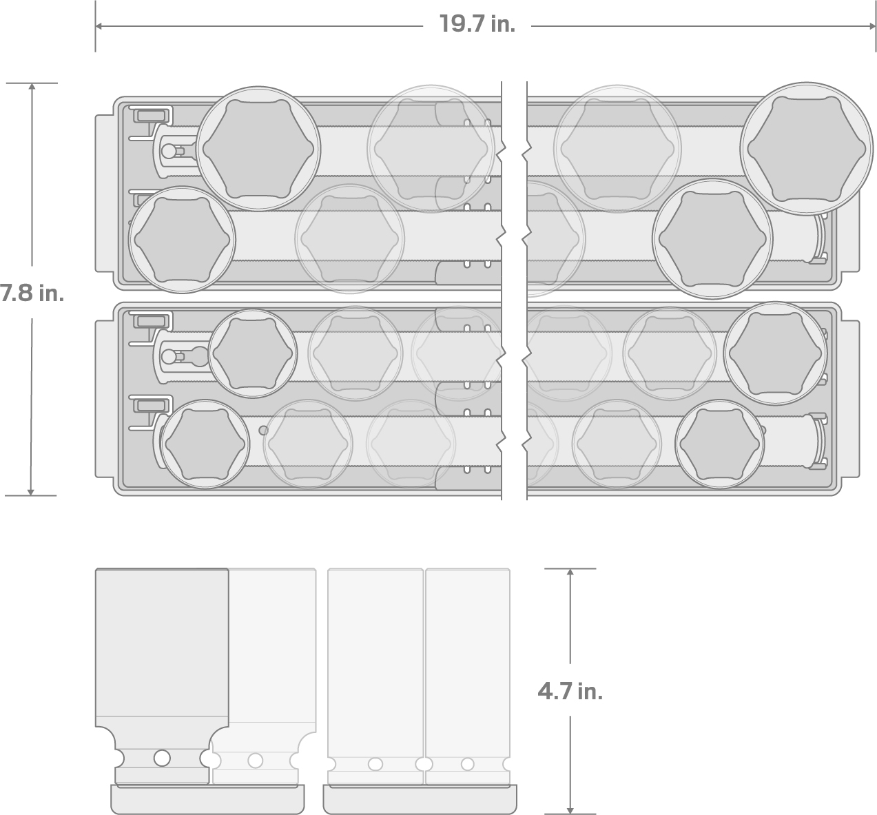 Specs for 3/4 Inch Drive Deep 6-Point Socket Set with Rails and Trays, 21-Piece (3/4 - 2 in.)