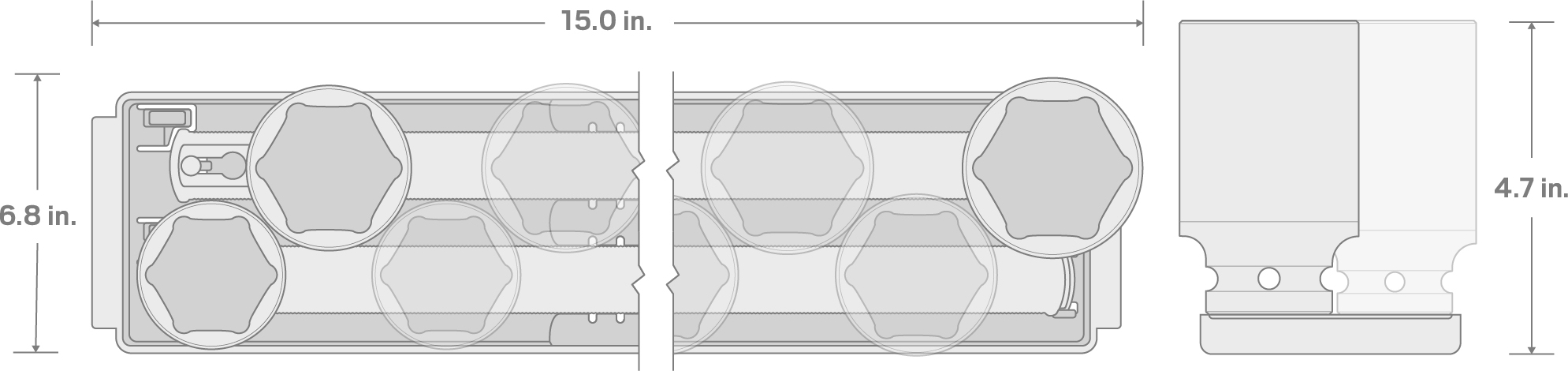 Specs for 3/4 Inch Drive Deep 6-Point Socket Set with Rails and Tray, 8-Piece (2-1/16 - 2-1/2 in.)