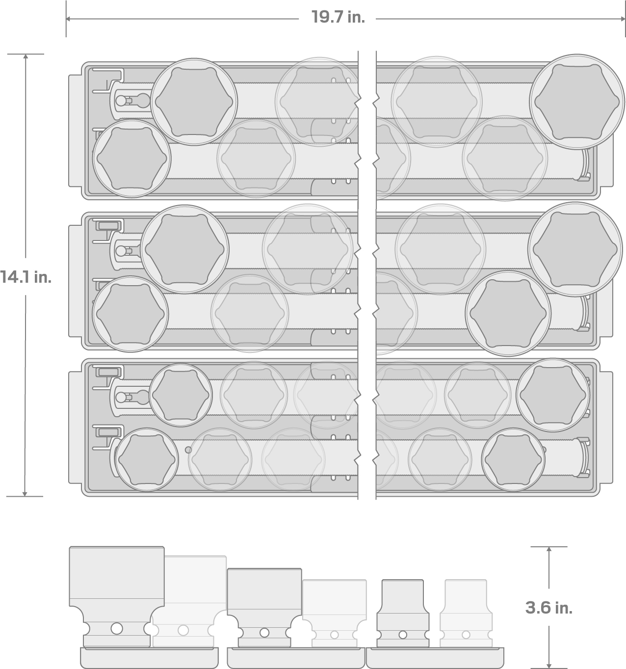 Specs for 3/4 Inch Drive 6-Point Impact Socket Set with Rails and Trays, 33-Piece (1/2 - 2-1/2 in.)