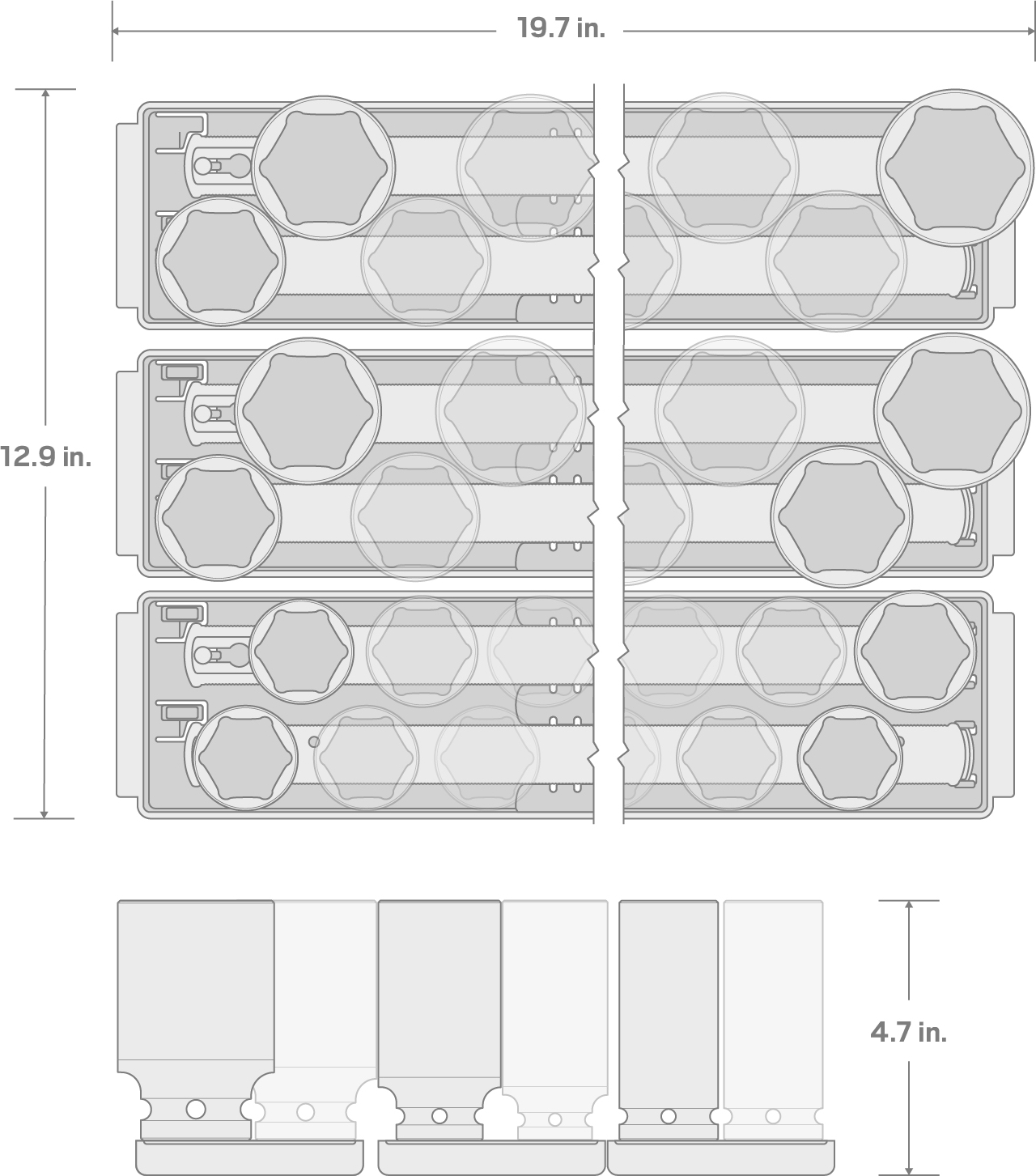 Specs for 3/4 Inch Drive Deep 6-Point Socket Set with Rails and Trays, 34-Piece (13 - 50 mm)