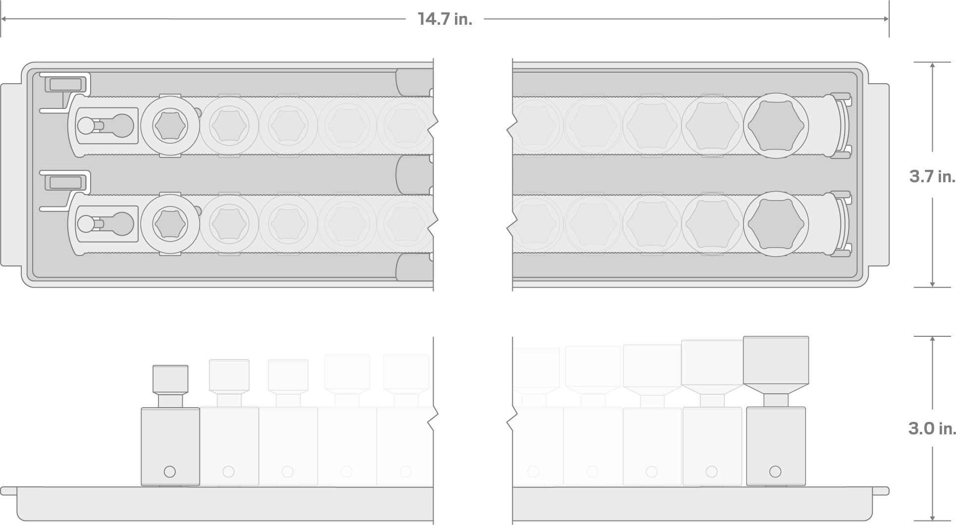 Specs for 3/8 Inch Drive 6-Point Universal Joint Impact Socket Set with Rails and Tray, 19-Piece (6-24 mm)