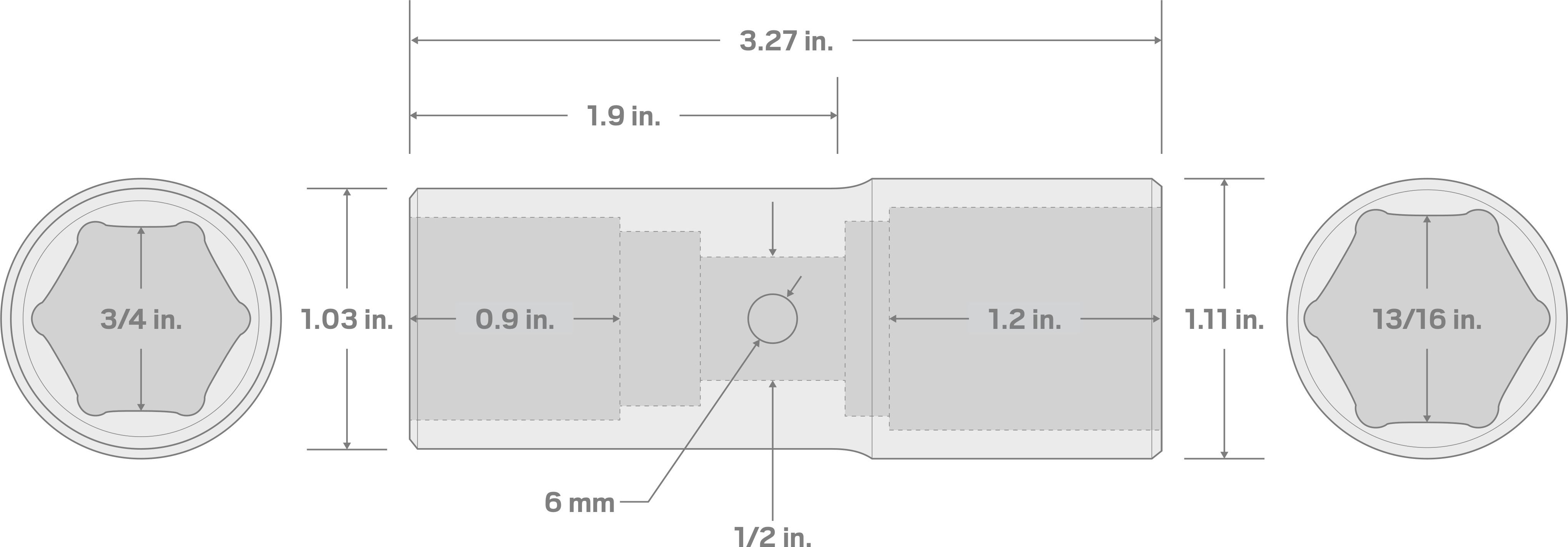 Specs for 1/2 Inch Drive 3/4 x 13/16 Inch Thin Wall Impact Flip Socket