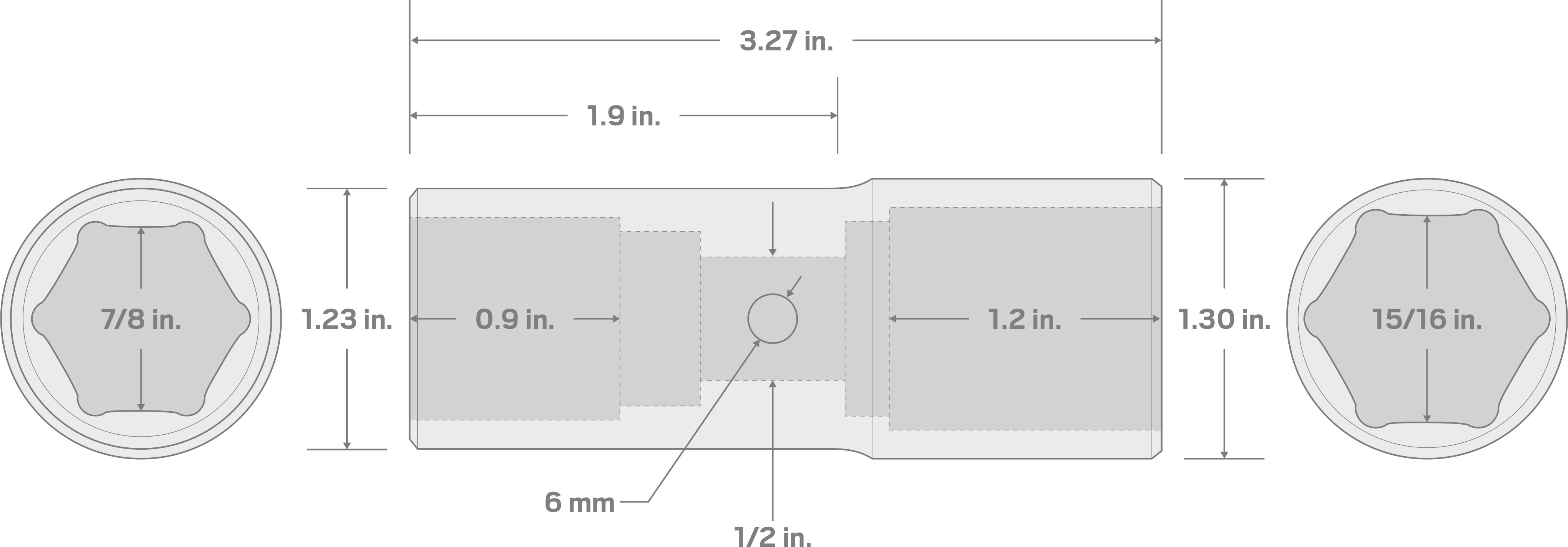 Specs for 1/2 Inch Drive 7/8 x 15/16 Inch Thin Wall Impact Flip Socket