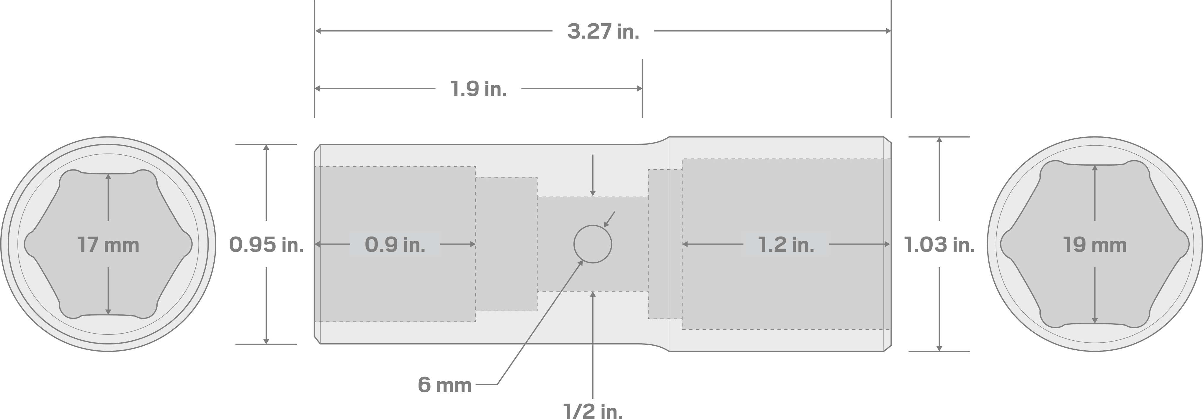 Specs for 1/2 Inch Drive 17 x 19 mm Thin Wall Impact Flip Socket