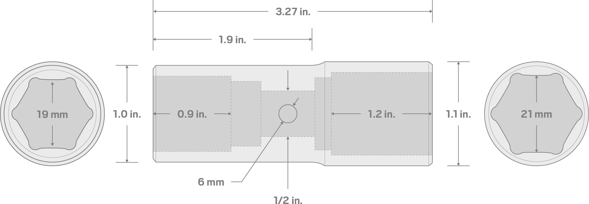 Specs for 1/2 Inch Drive 19 x 21 mm Thin Wall Impact Flip Socket