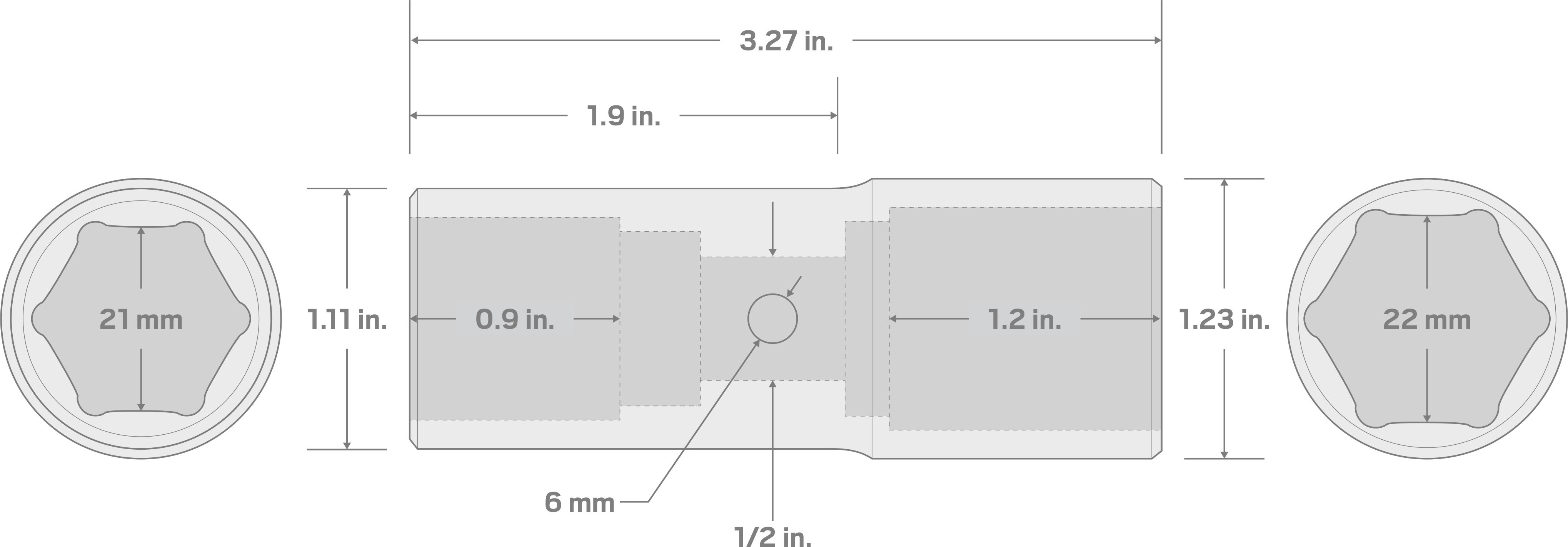 Specs for 1/2 Inch Drive 21 x 22 mm Thin Wall Impact Flip Socket