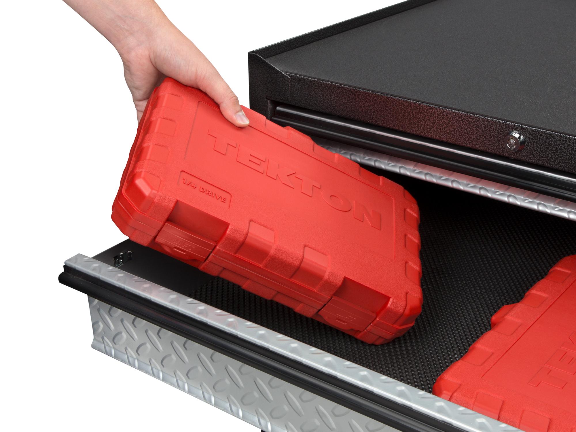 Front angled view of Tekton case  set in a tool cabinet drawer. Item #SKT05201