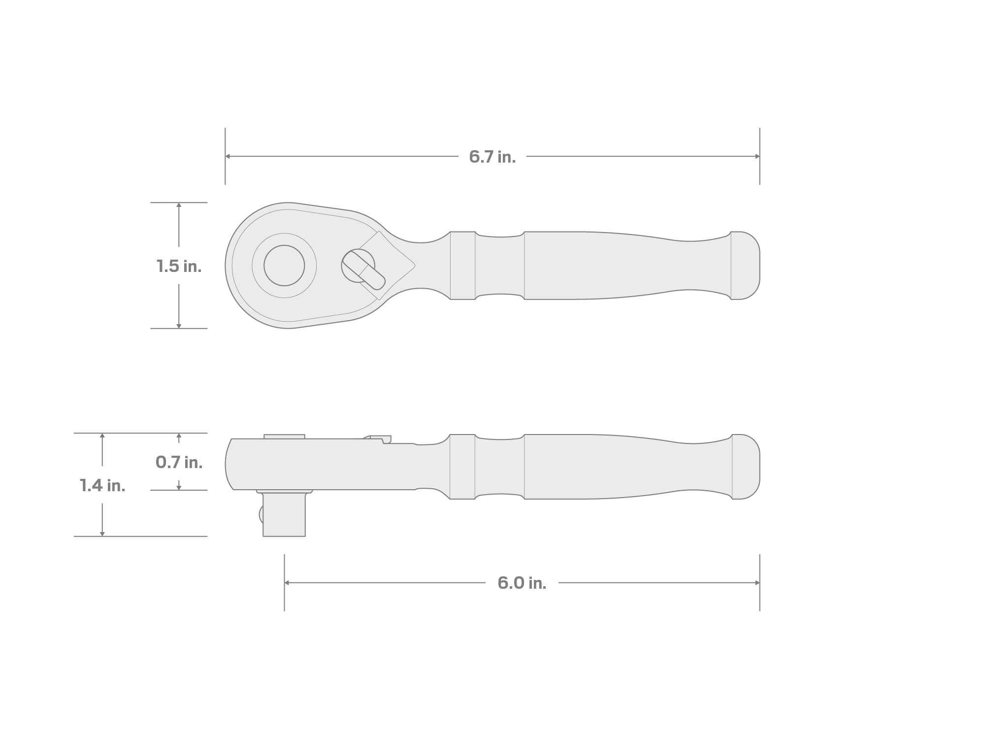 Specs for 1/2 Inch Drive x 6 Inch Quick-Release Stubby Ratchet