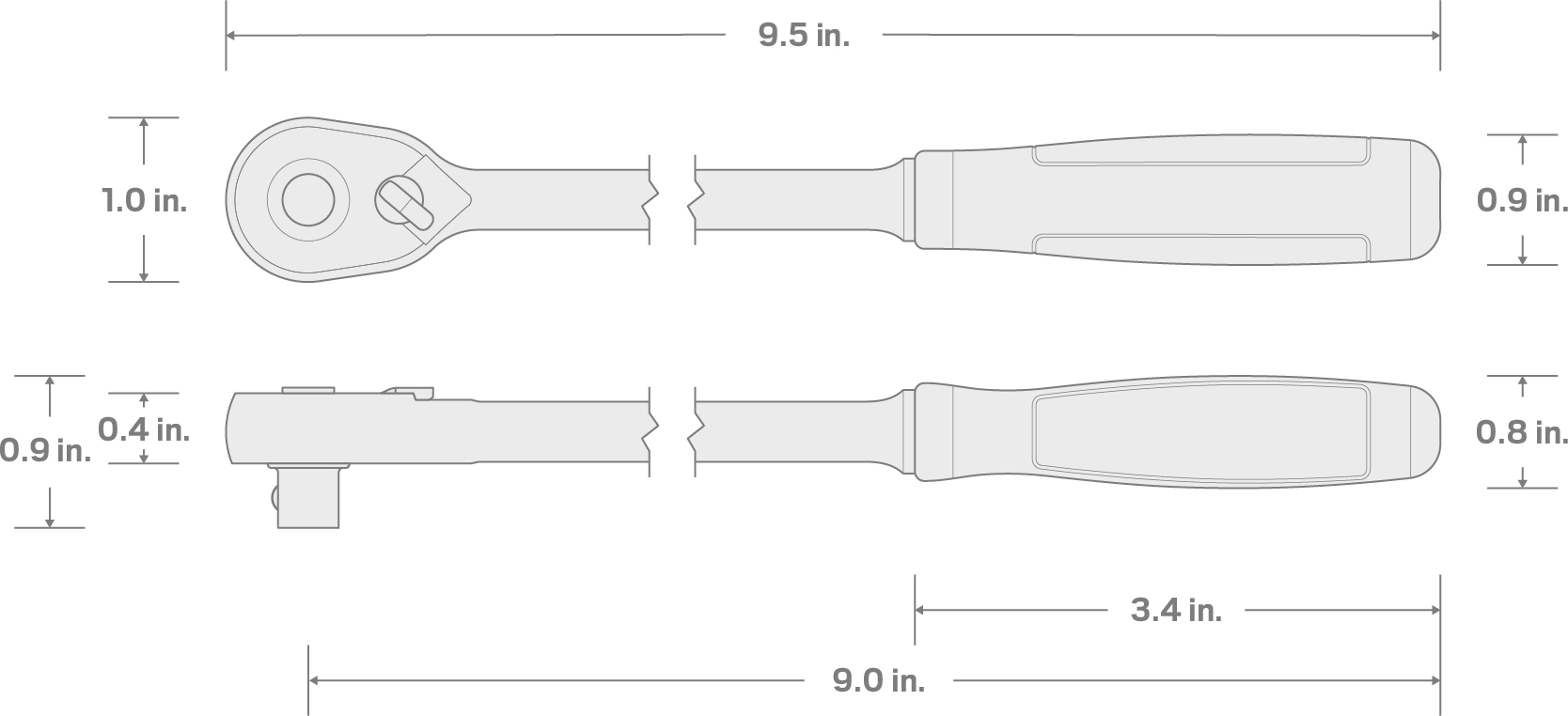 Specs for 1/4 Inch Drive x 9 Inch Quick-Release Comfort Grip Long Ratchet