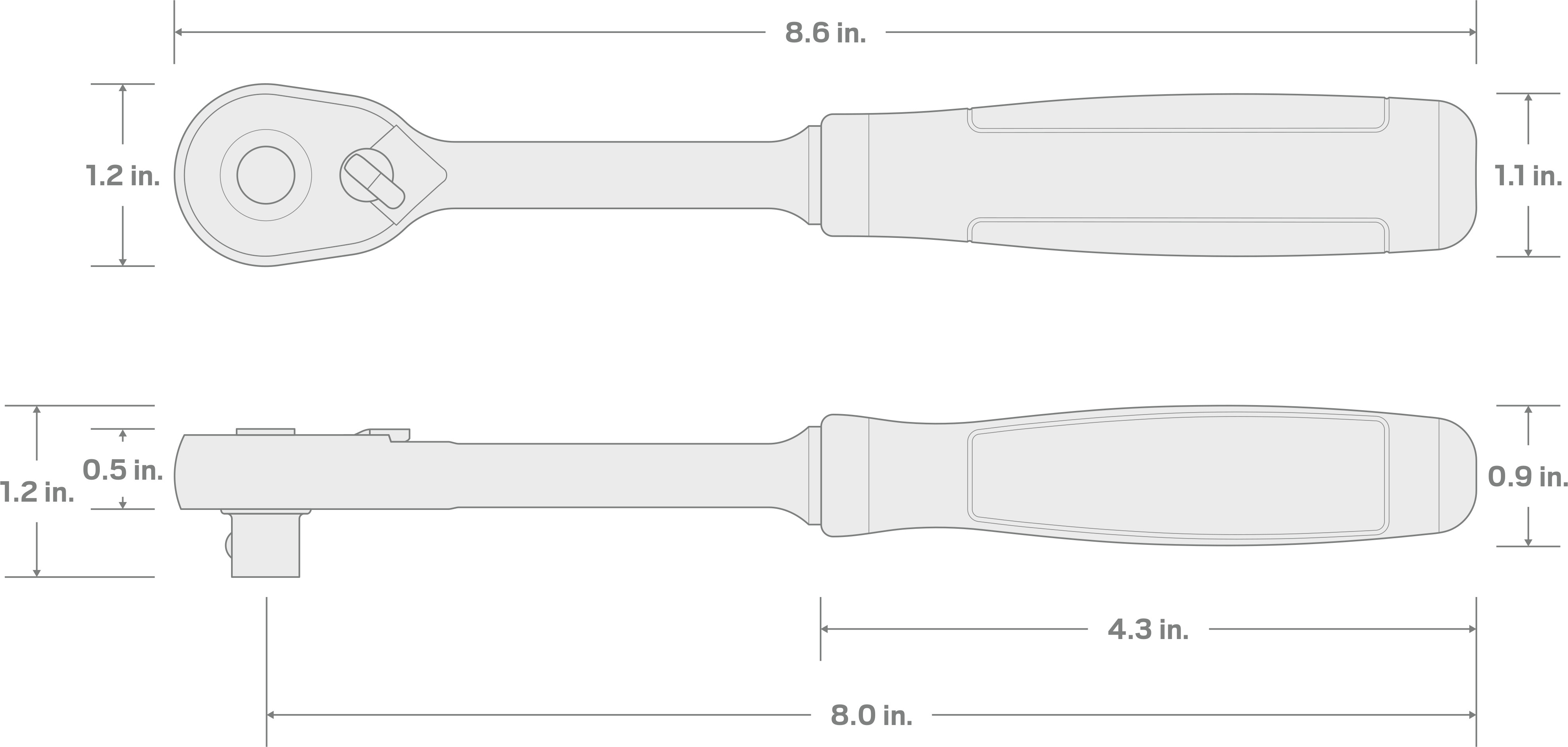 Specs for 3/8 Inch Drive x 8 Inch Quick-Release Comfort Grip Ratchet