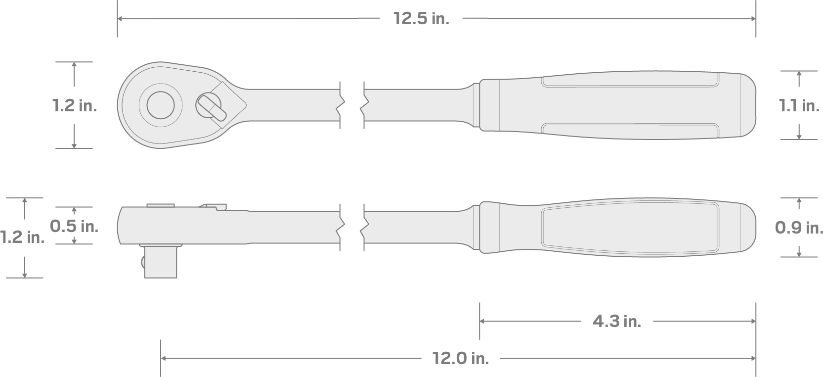 Specs for 3/8 Inch Drive x 12 Inch Quick-Release Comfort Grip Long Ratchet