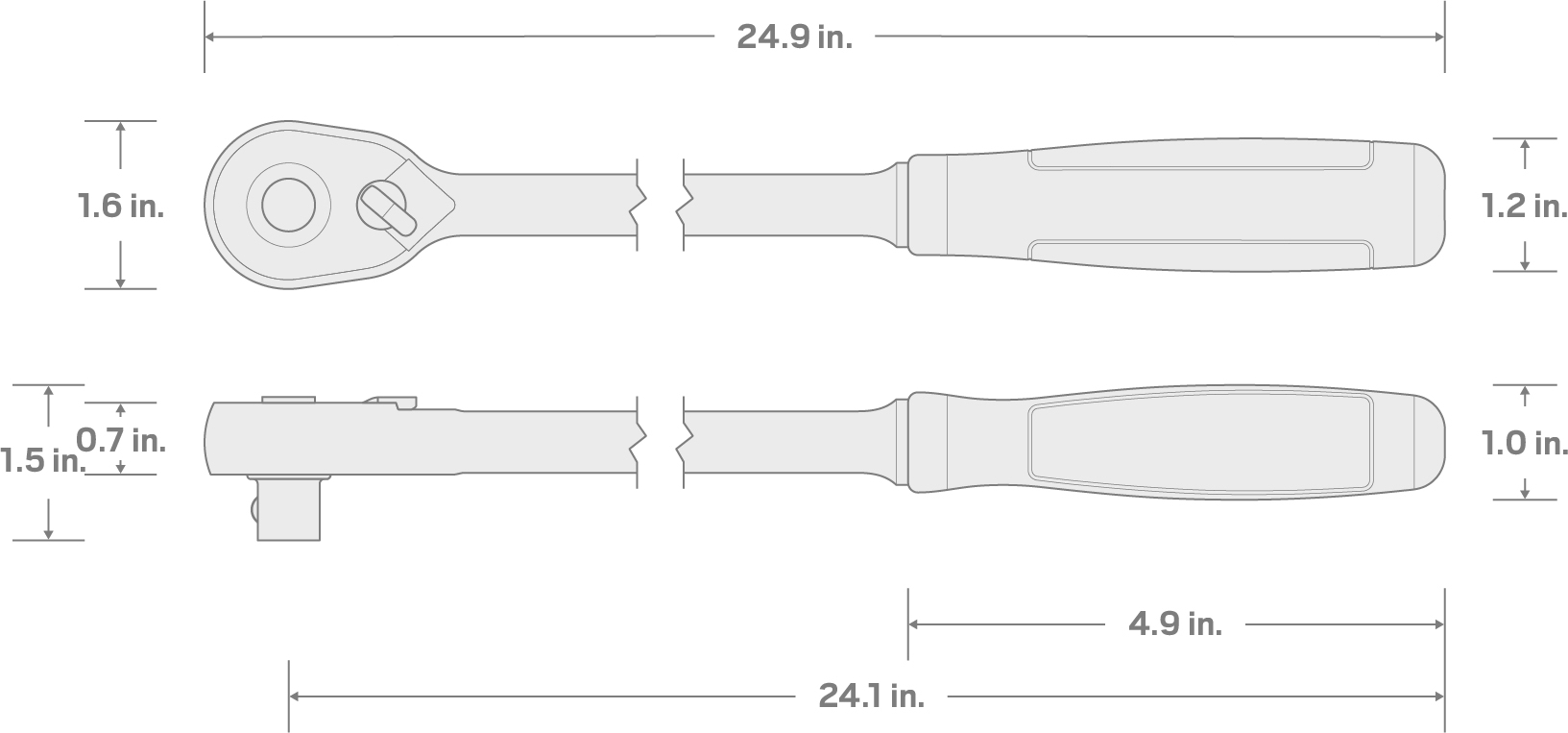 Specs for 1/2 Inch Drive x 24 Inch Quick-Release Comfort Grip Extra-Long Ratchet