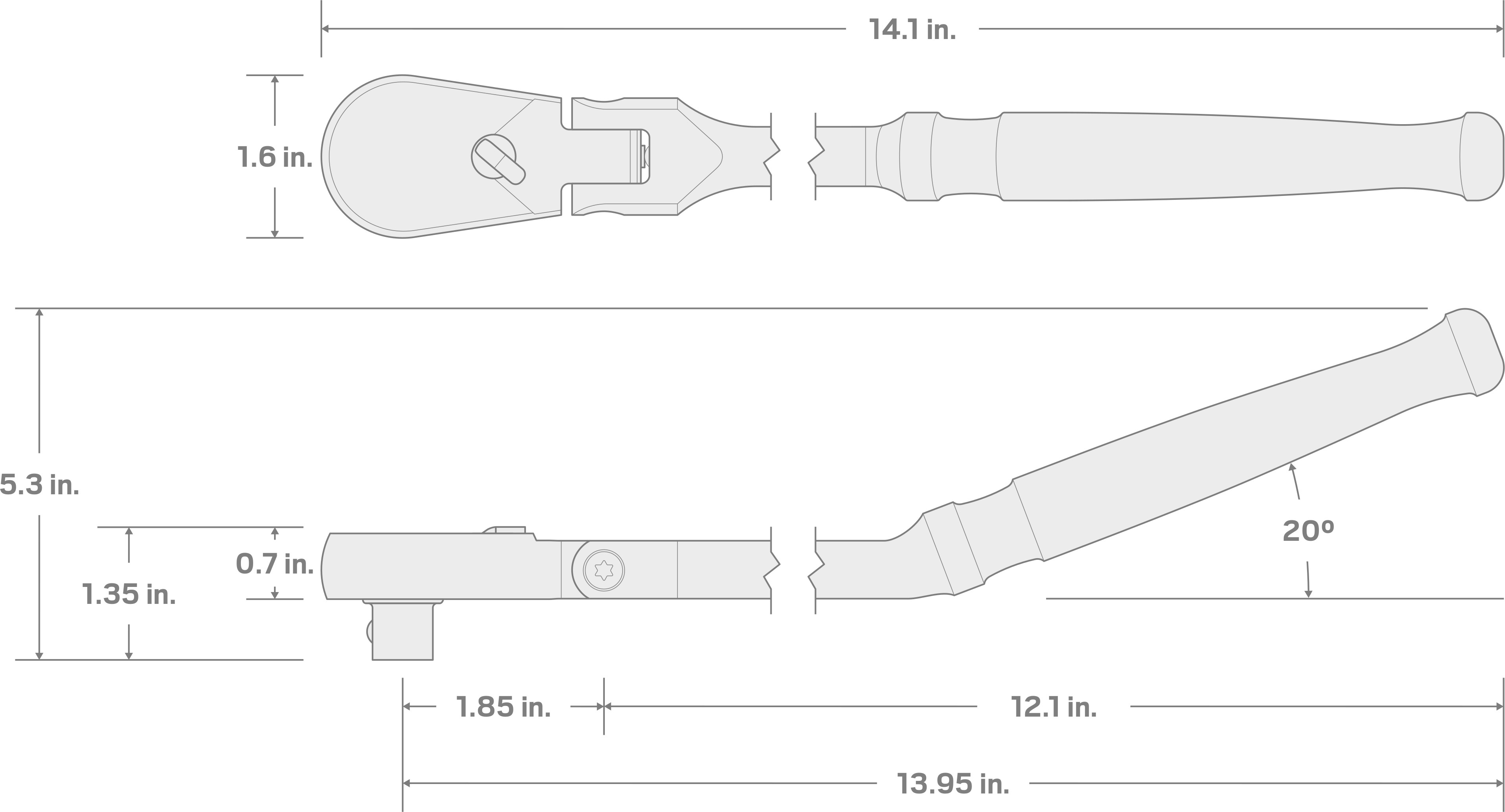 Specs for 1/2 Inch Drive x 14 Inch Flex Head Bent Handle Long Ratchet