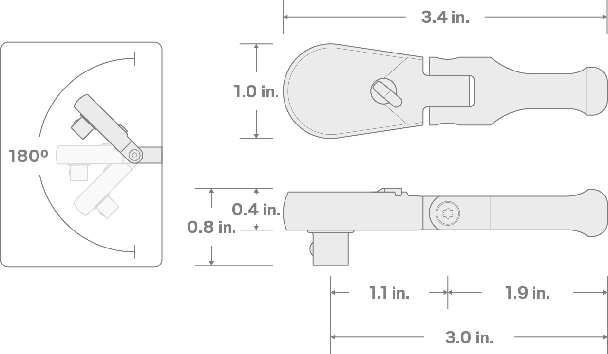 Specs for 1/4 Inch Drive x 3 Inch Flex Head Non-Quick-Release Stubby Ratchet