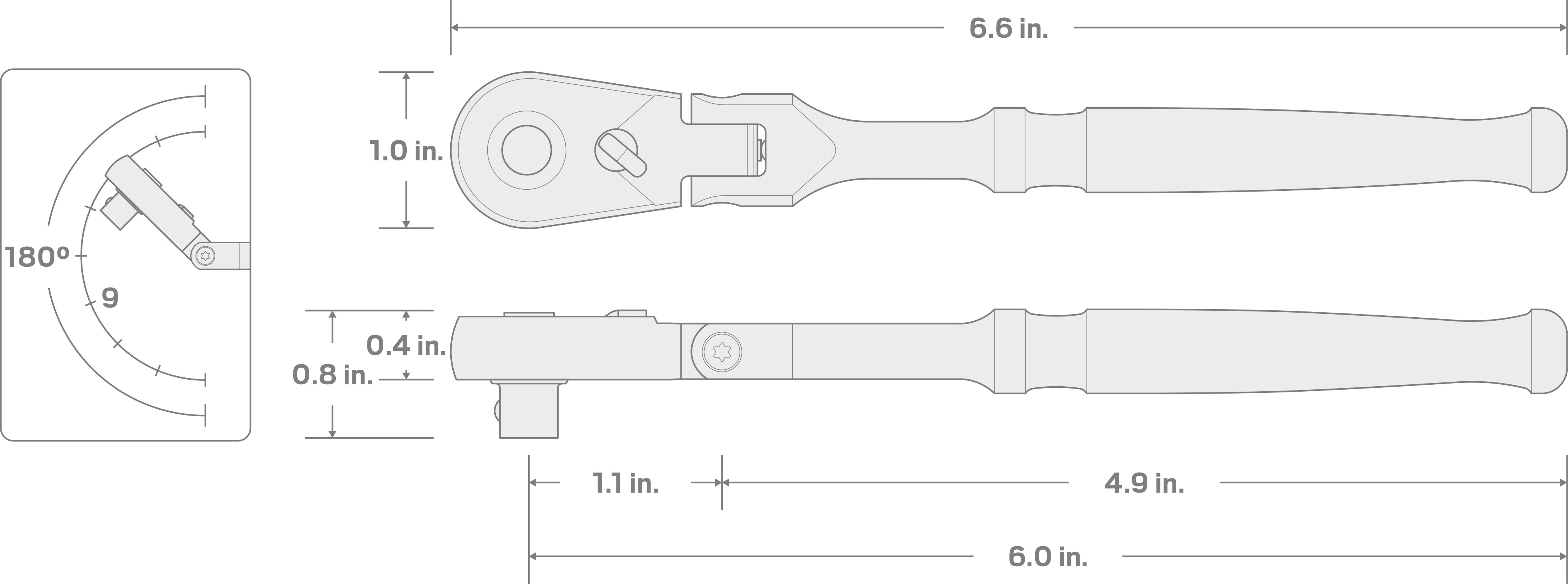 Specs for 1/4 Inch Drive x 6 Inch Flex Head Quick-Release Ratchet