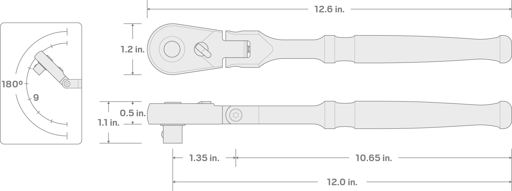 Specs for 3/8 Inch Drive x 12 Inch Flex Head Quick-Release Long Ratchet