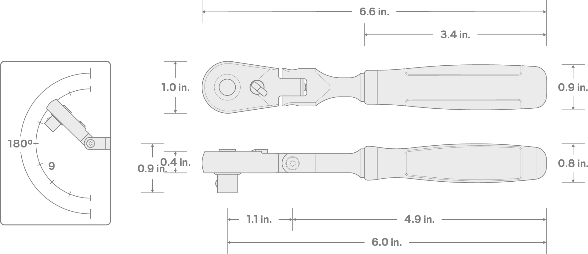 Specs for 1/4 Inch Drive x 6 Inch Flex Head Quick-Release Comfort Grip Ratchet