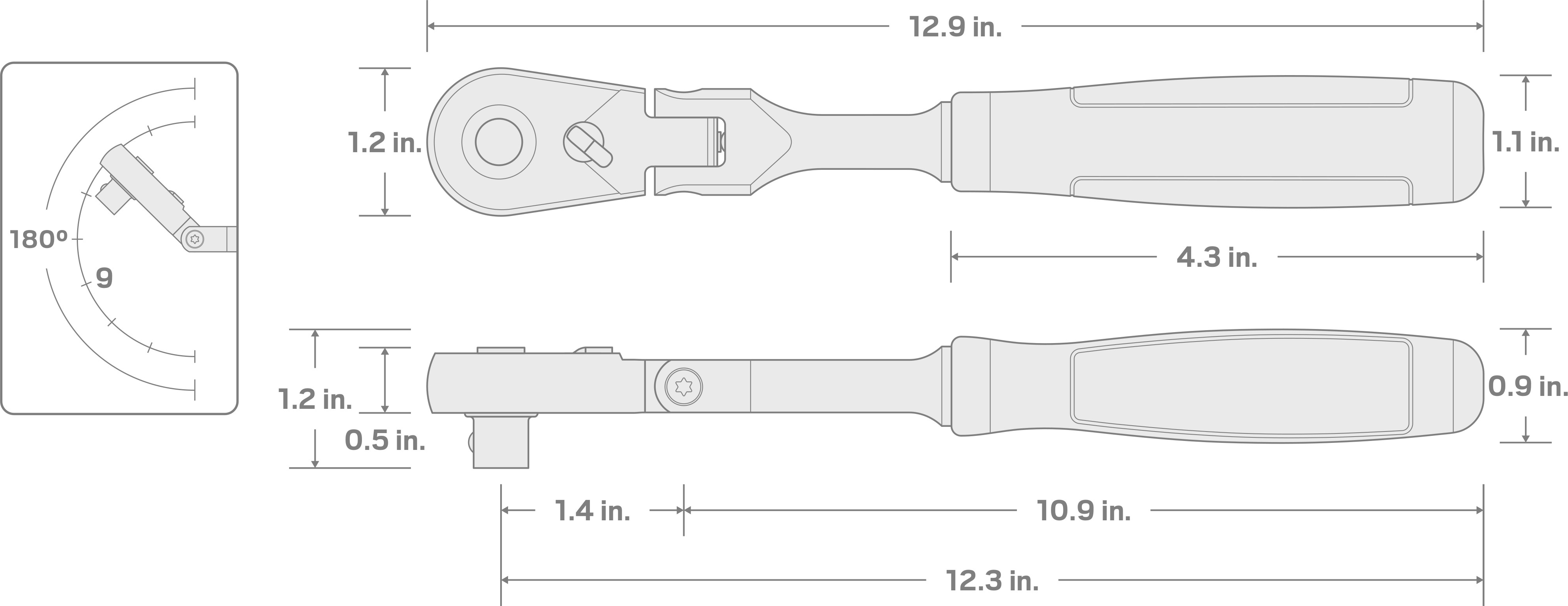 Specs for 3/8 Inch Drive x 12 Inch Flex Head Quick-Release Comfort Grip Long Ratchet