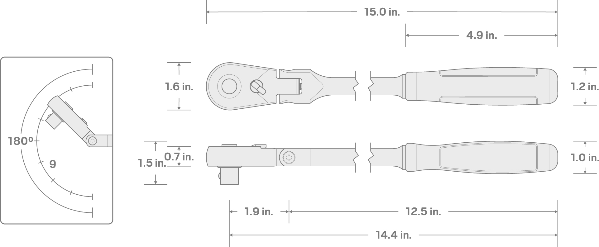 Specs for 1/2 Inch Drive x 14 Inch Flex Head Quick-Release Comfort Grip Long Ratchet