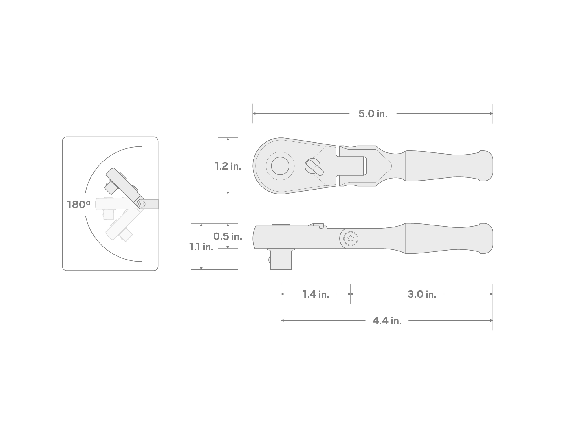 Specs for 3/8 Inch Drive x 4-1/2 Inch Flex Head Quick-Release Stubby Ratchet
