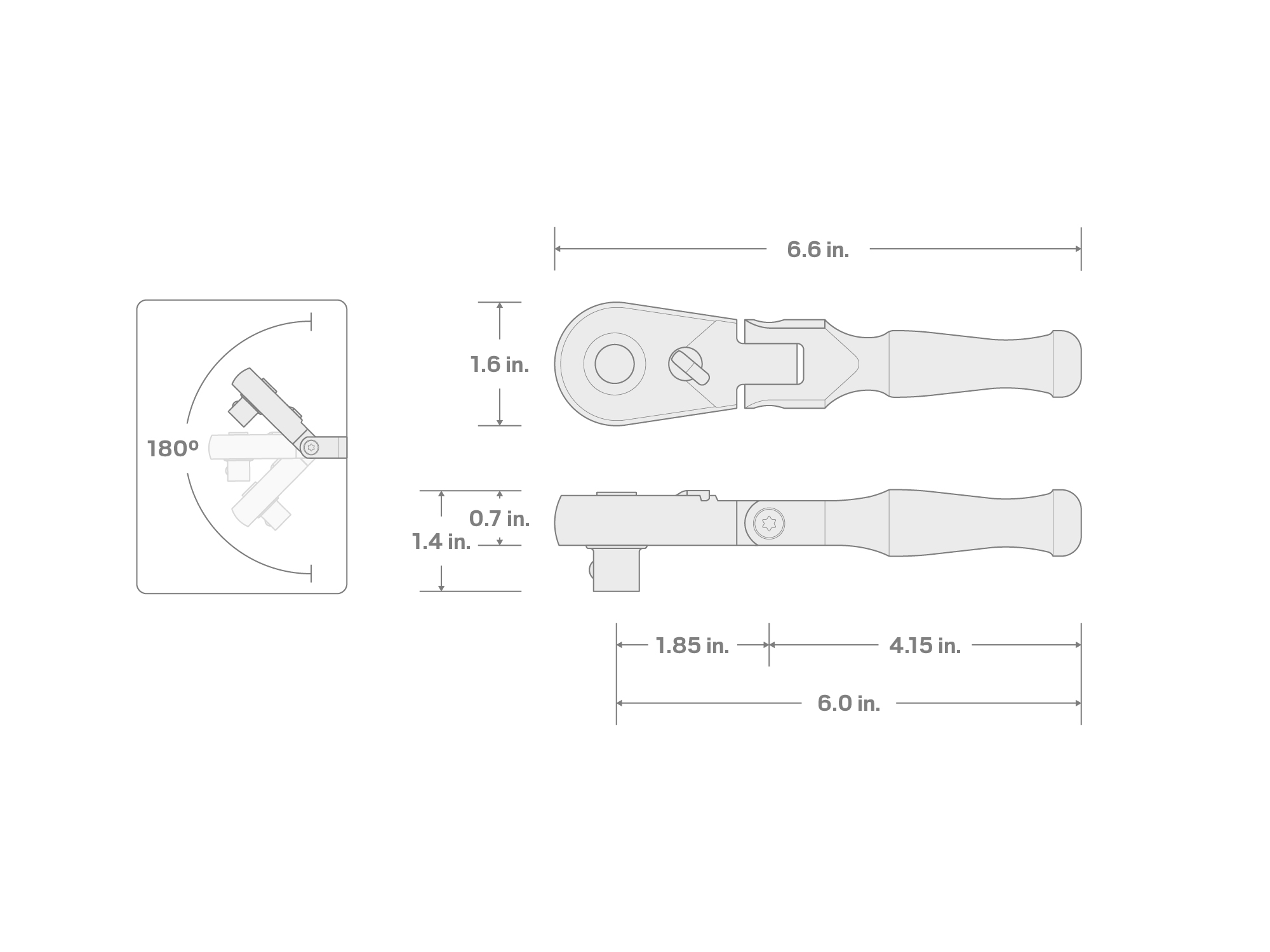 Specs for 1/2 Inch Drive x 6 Inch Flex Head Quick-Release Stubby Ratchet