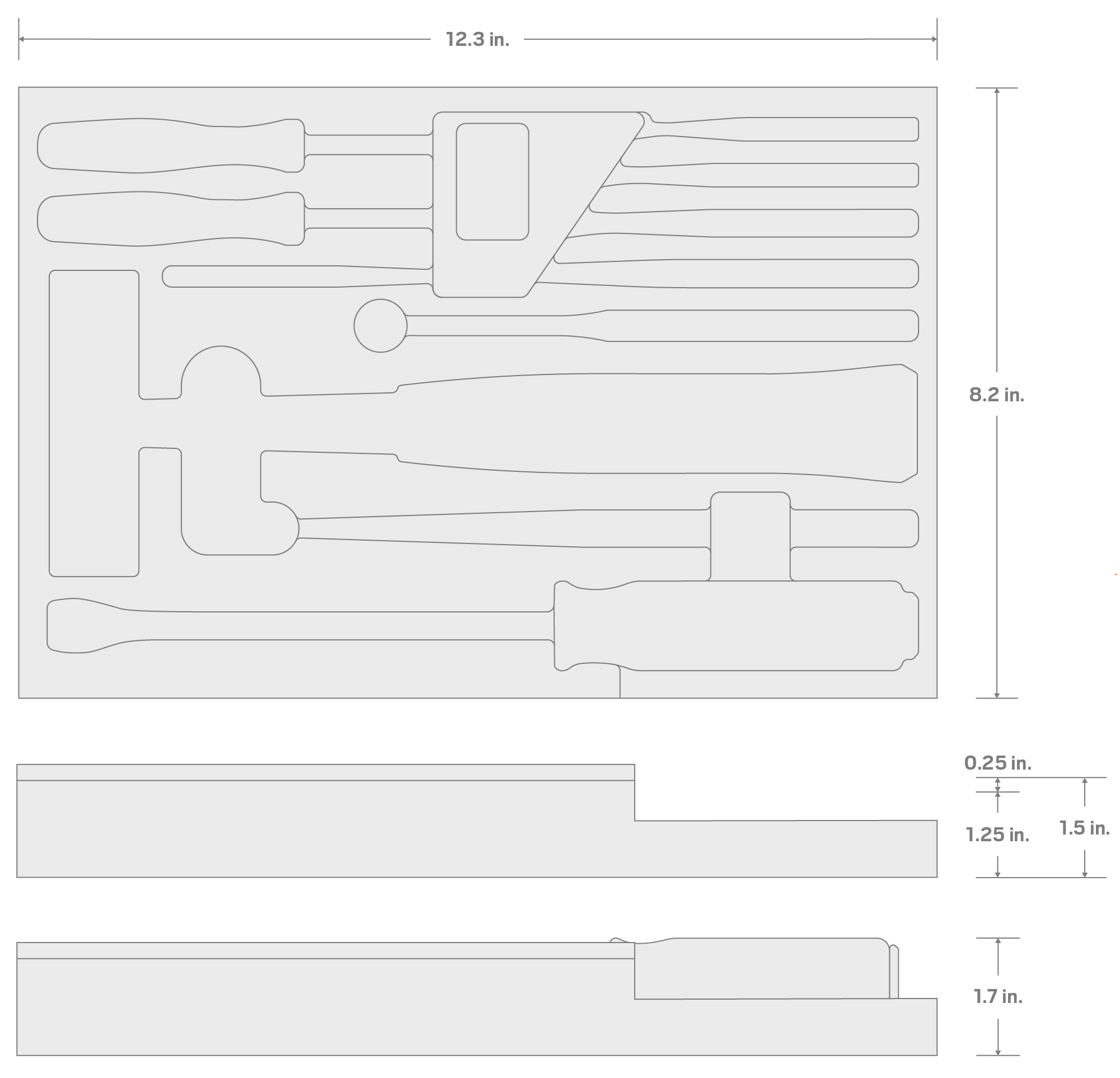 Specs for Hammers, Pry Bars, Punches, and Chisels Set with 12 x 8 Inch Foam Organizer (11-Piece)